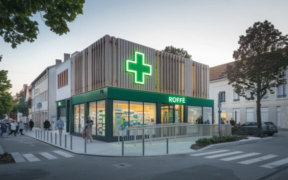 Façade de la pharmacie située au centre de Saint‑Pierre‑du‑Perray près de la mairie
